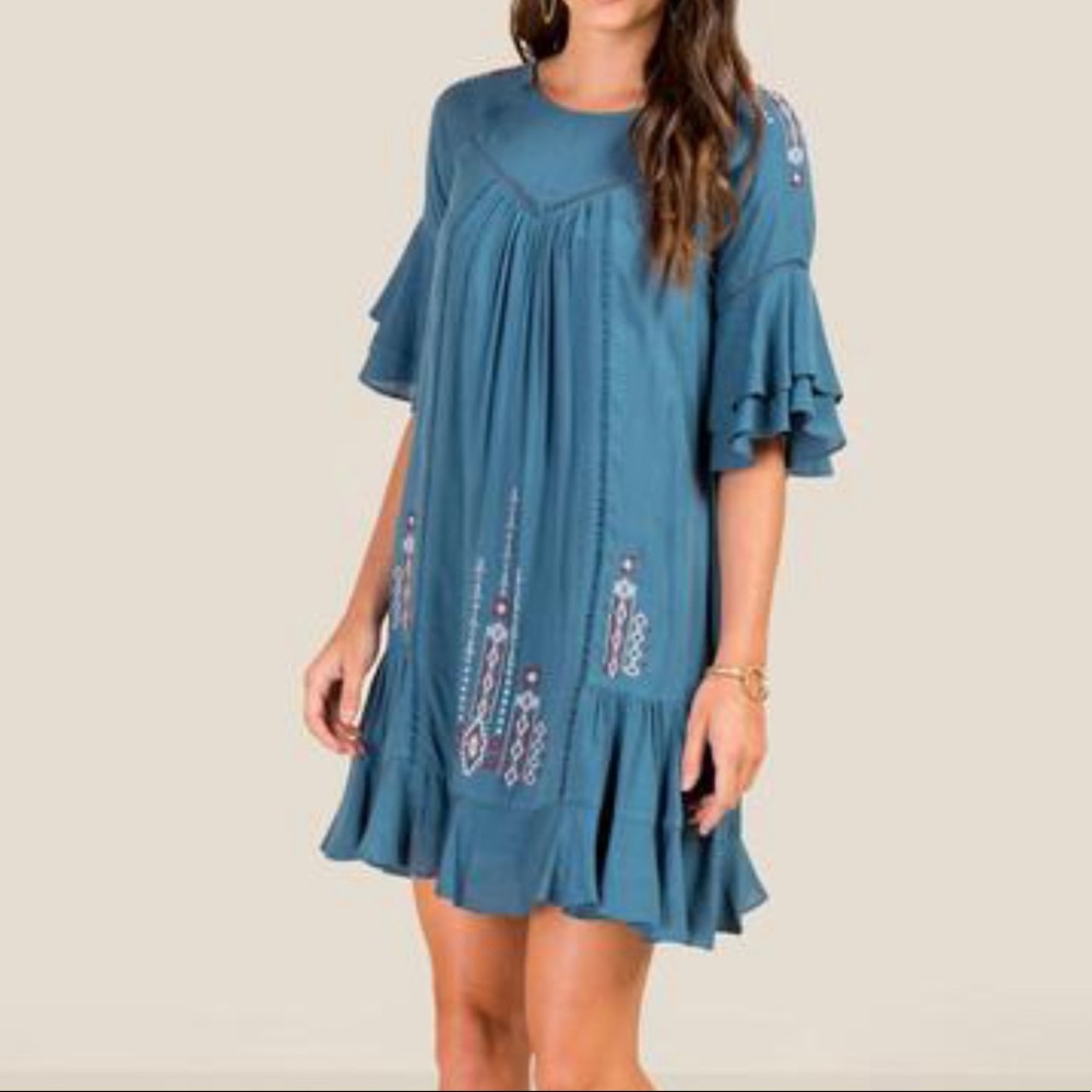 Francesca's Collections Embroidered Mini Shift Dress in French Blue
